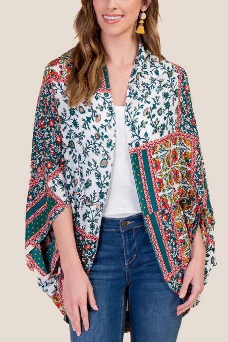 Francesca's Ainsley Patchwork Floral Kimono - Forest
