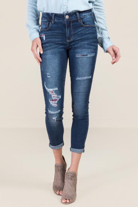 Francesca's Nivian Mid Rise Plaid Patch Jeans - Dark