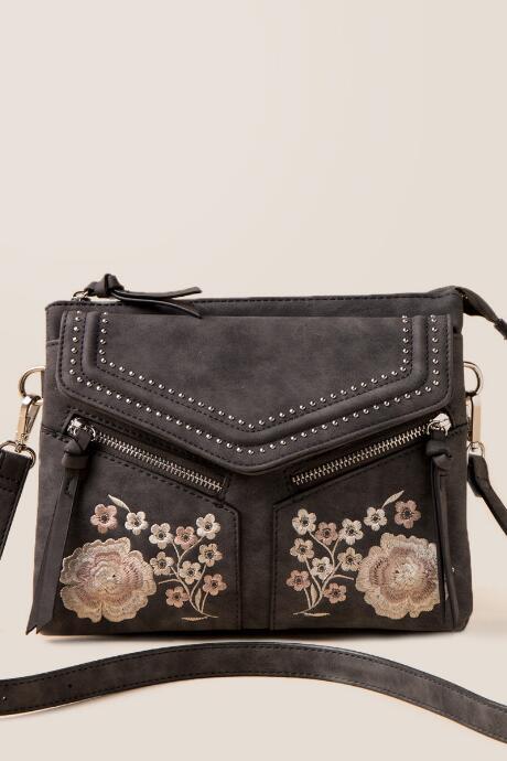 Francescas Paulina Floral Embroidered Crossbody - Black