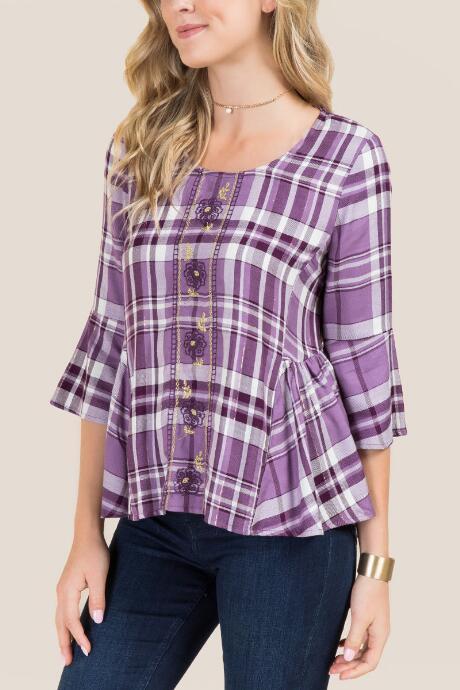 Francesca's Vicky Bell Sleeve Embroidered Plaid Top - Purple