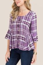 Francesca's Vicky Bell Sleeve Embroidered Plaid Top - Purple