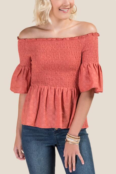 Francesca's Linley Off Shoulder Peplum Blouse - Cinnamon