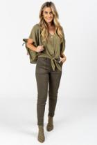 Francesca's August Button Flutter Sleeve Blouse - Dark Olive