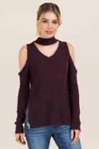 Francesca's Paislee Boucle Cold Shoulder Sweater - Purple
