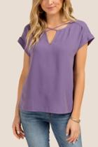 Francesca's Rae Short Sleeve Lattice Neck Cuff Sleeve Top - Vintage Purple