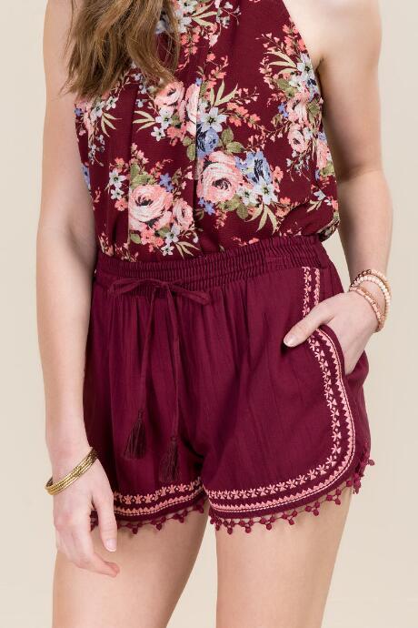 Blue Rain Delis Crochet Dot Trim Embroidered Soft Shorts - Wine