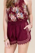 Blue Rain Delis Crochet Dot Trim Embroidered Soft Shorts - Wine