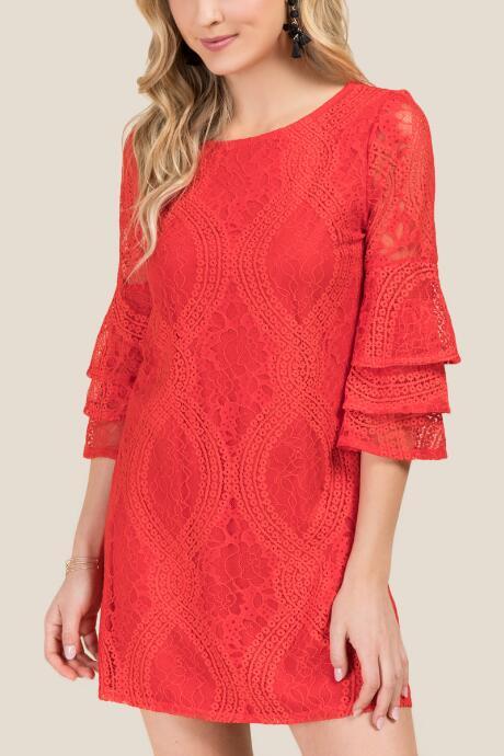Mi Ami Phaedra Lace Ruffle Sleeve Dress - Red