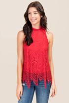 Blue Rain Caroline Mock Neck Lace Scallop Top - Red