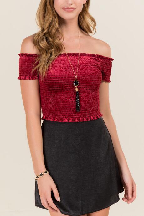 Francesca's Scarlett Velvet Smocked Off The Shoulder Top - Burgundy