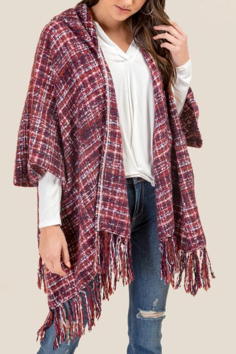 Francesca's Thalia Plaid Boucle Ruana - Magenta