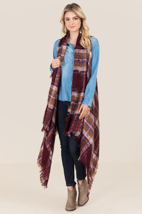 Francesca's Jaquelyn Plaid Vest Ruana - Burgundy