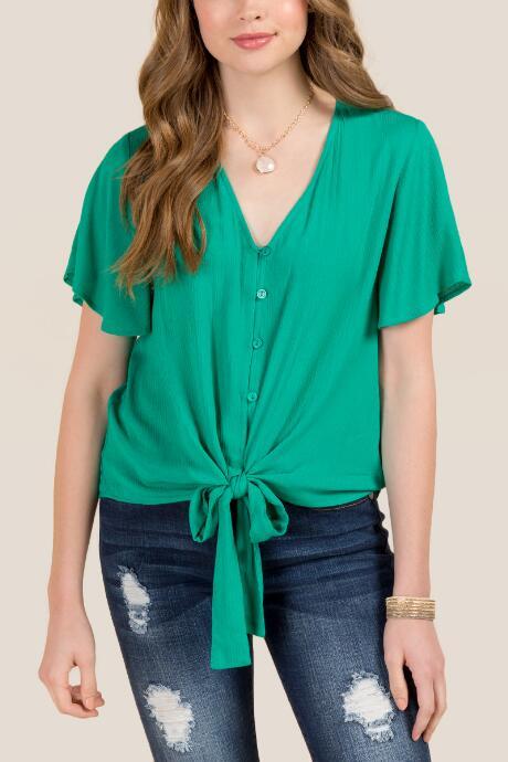 Francesca Inchess Juana Button Down Front Knot Blouse - Jade
