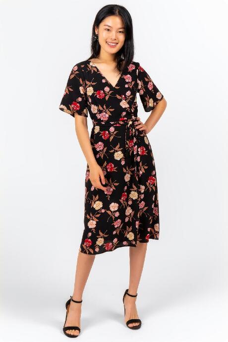 Francesca's Camdyn Floral Wrap Midi Dress - Black