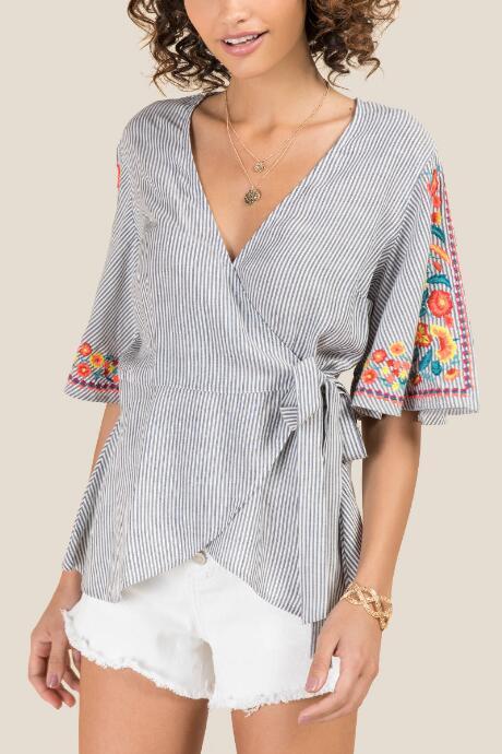 Francesca Inchess Blake Floral Embroidered Sleeve Blouse - Navy