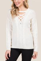 Francesca's Savannah Lattice Neck Cable Sweater - White