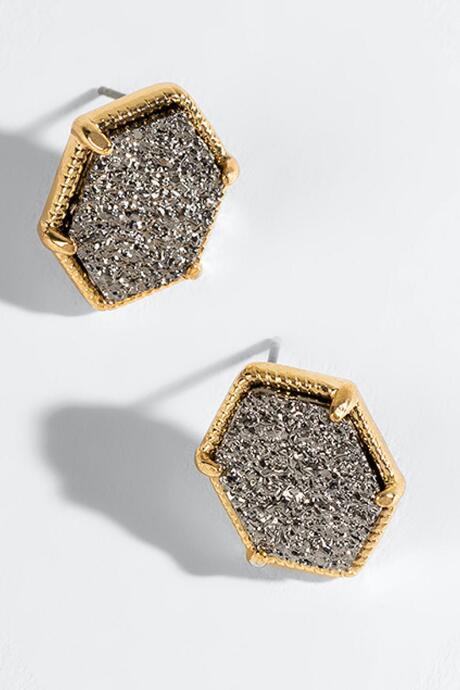 Francesca's Sadie Hexagon Druzy Studs - Hematite