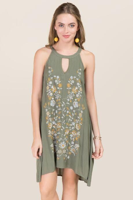 Alya Briana Embroidered Shift Dress - Dark Olive