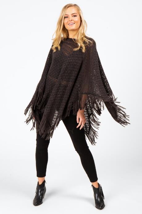 Francesca's Evelyn Open Knit Poncho W Fringe - Gray