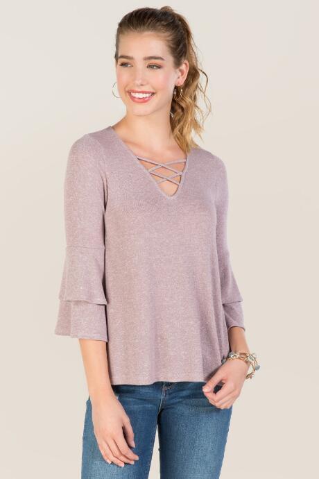 Francesca's Bernadette Ruffle Sleeve Lattice Top - Mauve