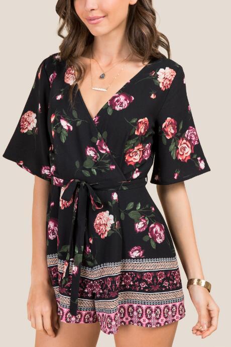 Francesca's Ailish Floral Surplus Tie Back Romper - Black