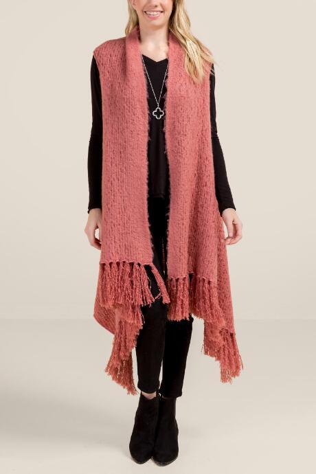 Francesca's Pamela Hooded Fringe Ruana - Rose