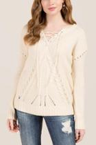 Francesca's Lina Lace Up V Neck Sweater - Heather Oat