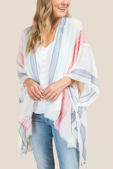 Francesca's Felicia Embroidered Stripe Ruana - White
