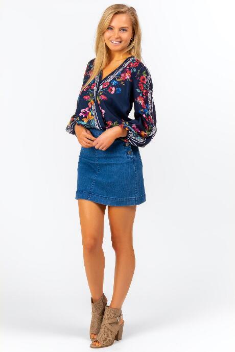 Francesca's Velera Floral Border Blouse - Navy