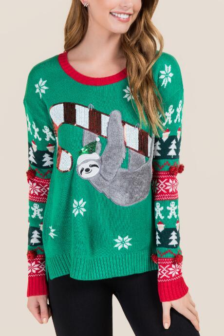 Francescas Fuzzy Sloth Tacky Pullover Sweater - Green