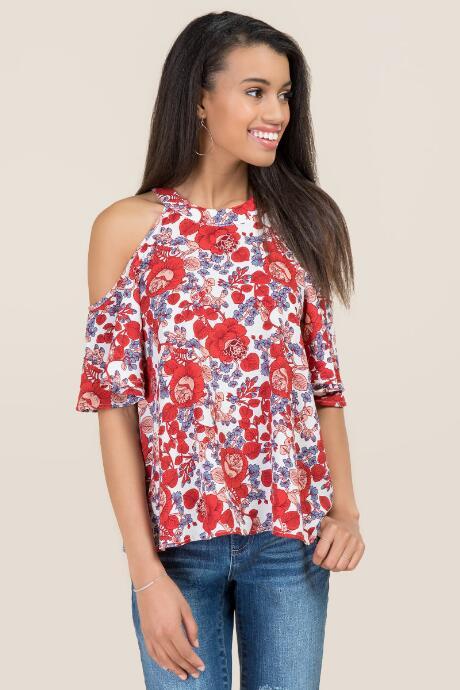 Blue Rain Freddie High Neck Floral Cold Shoulder Top - Red