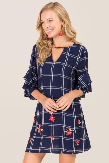 Blue Rain Katelynn Ruffle Sleeve Plaid Shift Dress - Navy