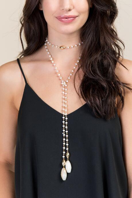 Francesca's Dahlia Rosary Semi-precious Self Tie Necklace - Crisp Champagne