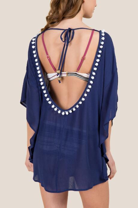 Francesca's Alisa Pom Trim Scoop Back Lattice Neck Cover-up - Navy