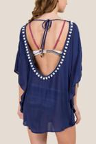 Francesca's Alisa Pom Trim Scoop Back Lattice Neck Cover-up - Navy