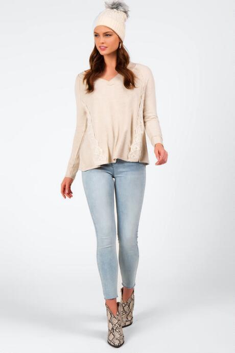 Francesca's Izabel Crochet Trim Top - Heather Oat