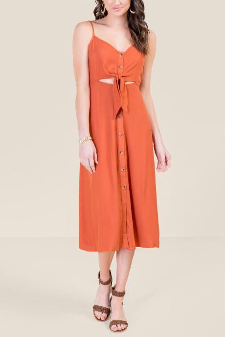 Francesca's Rachael Buttoned Tie Front Dress - Rust