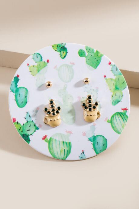 Francesca's Cactus Stud Earring Set - Green