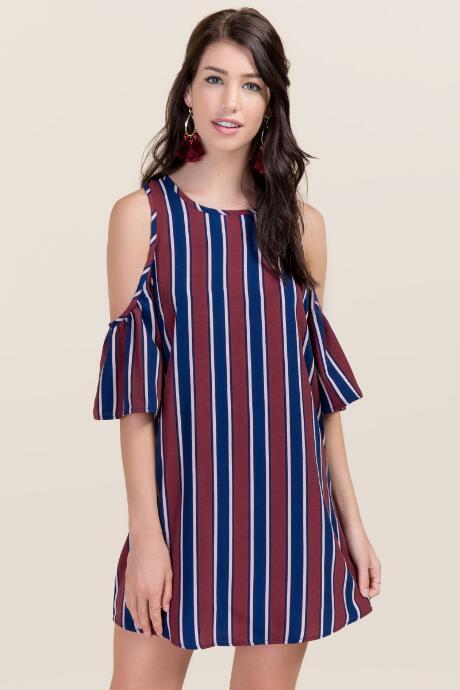 Francesca's Chelsea Cold Shoulder Striped Shift Dress - Navy