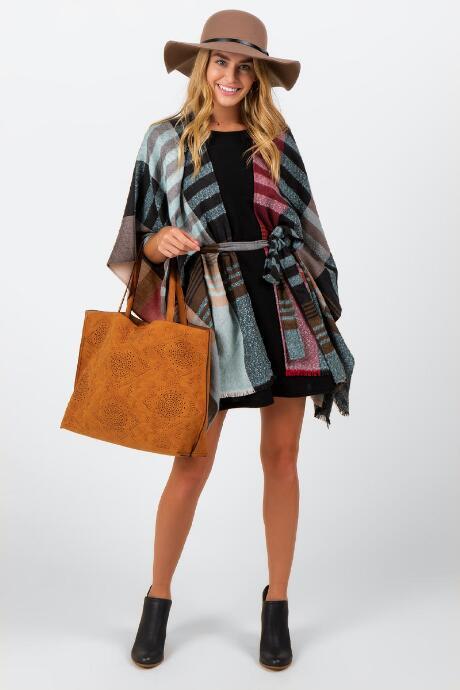 Francesca's Sadie Boucle Plaid Poncho - Black