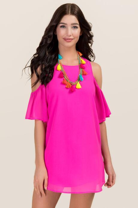 Mi Ami Mimi Cold Shoulder Shift Dress - Neon Pink