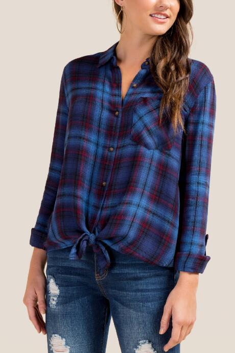 Francesca's Emerson Plaid Button Down Top - Indigo