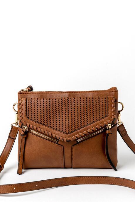 Francesca's Isla Perforated Double Zip Crossbody - Cognac
