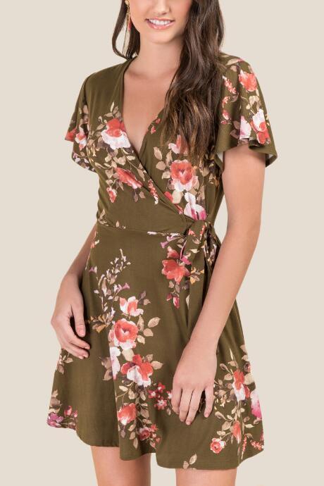 Francesca's Sandi Floral Knit Wrap Dress - Dark Olive
