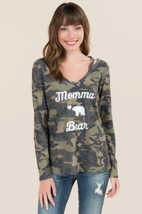 Sweet Claire Mama Bear Camo Long Sleeve Graphic Tee - Dark Olive