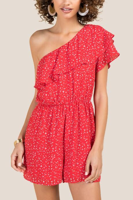 Francesca's Diana One Shoulder Polka Dot Romper - Red