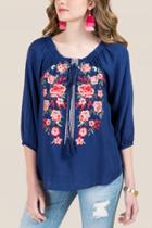 Francesca's James Embroidered Peasant Top - Navy