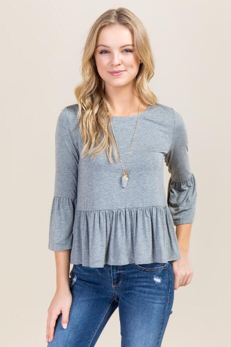 Dee Elle Kayla Solid Bell Sleeve Peplum Knit Top - Dark Grey