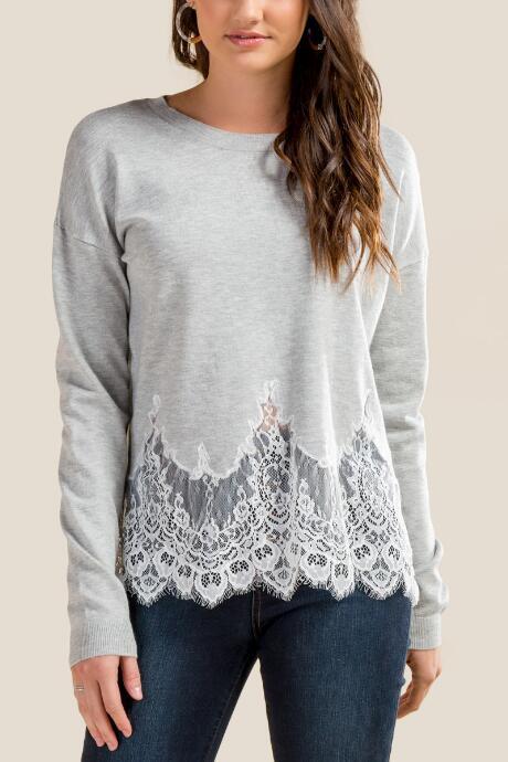 Francesca's Jennie Lace Hem Sweater - Heather Gray