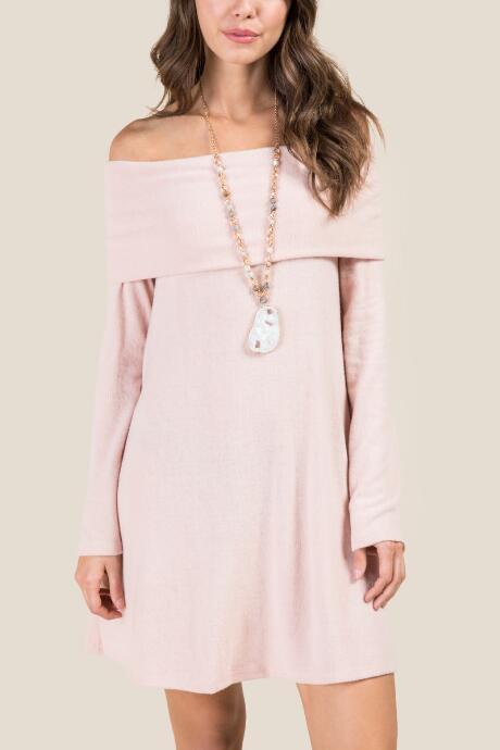 Alya Izzie Off Shoulder Hacci Knit Dress - Blush